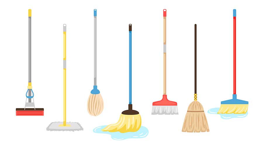 Brooms and mops equipment. Hygiene handling equipments objects illustration, household mop and housework broom tools isolated on white background